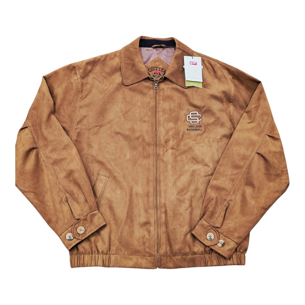 Men's Cutter & Buck USC Trojans Baseball Full Zip Micro Suede Jacket Brown Large
